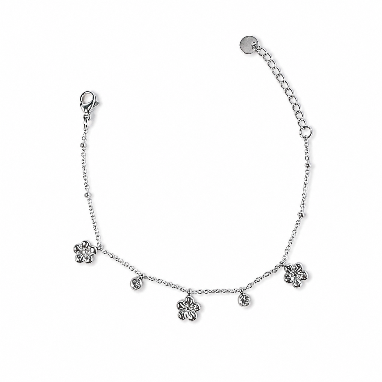 Bracciale Dalia in acciaio inox argentato con charm a forma di fiore e piccoli punti luce