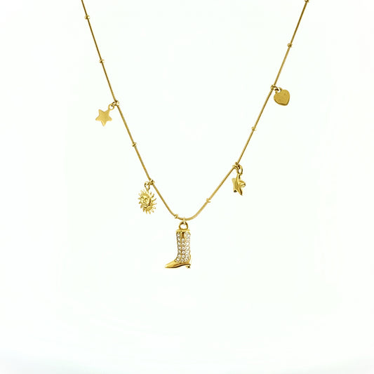Collana Cosmo Cowgirl in Acciaio Inox – Stile Western Chic con Ciondoli Astro e Stivale