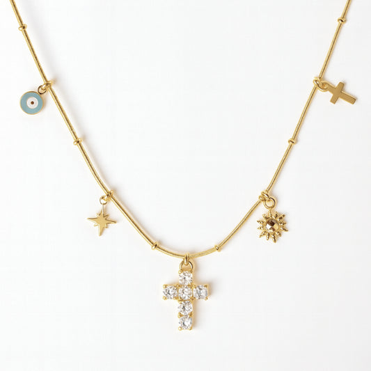 Collana Protezione Divina in Acciaio Inox – Croce, Sole e Simboli Spirituali