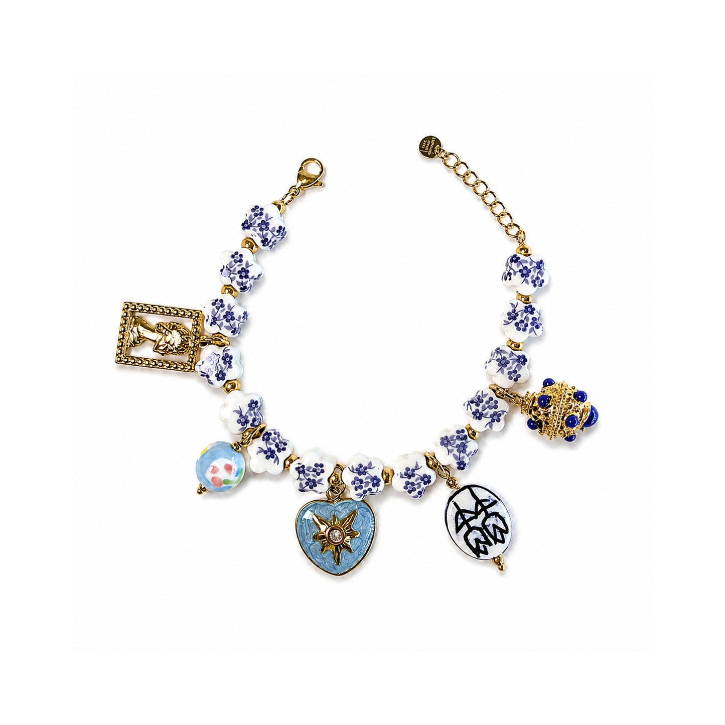 Bracciale Maiolica Blu con Charm in Acciaio Inox Dorato