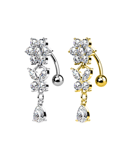 Nectar Spark con Farfalla e Cristalli Pendenti  | Piercing Ombelico in Acciaio Inox 316L