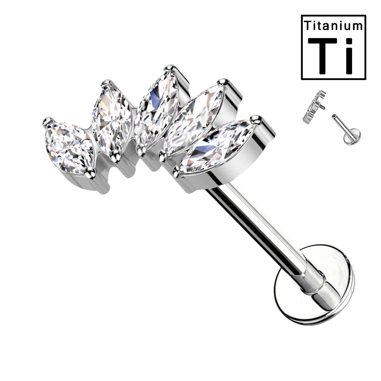 Ventaglio  – Piercing Labret in titanio con 5 cristalli marquise rosa
