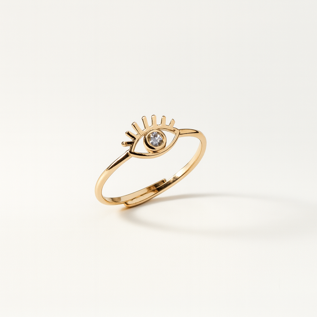 Iris — anello regolabile in acciaio inox con zircone e design occhio