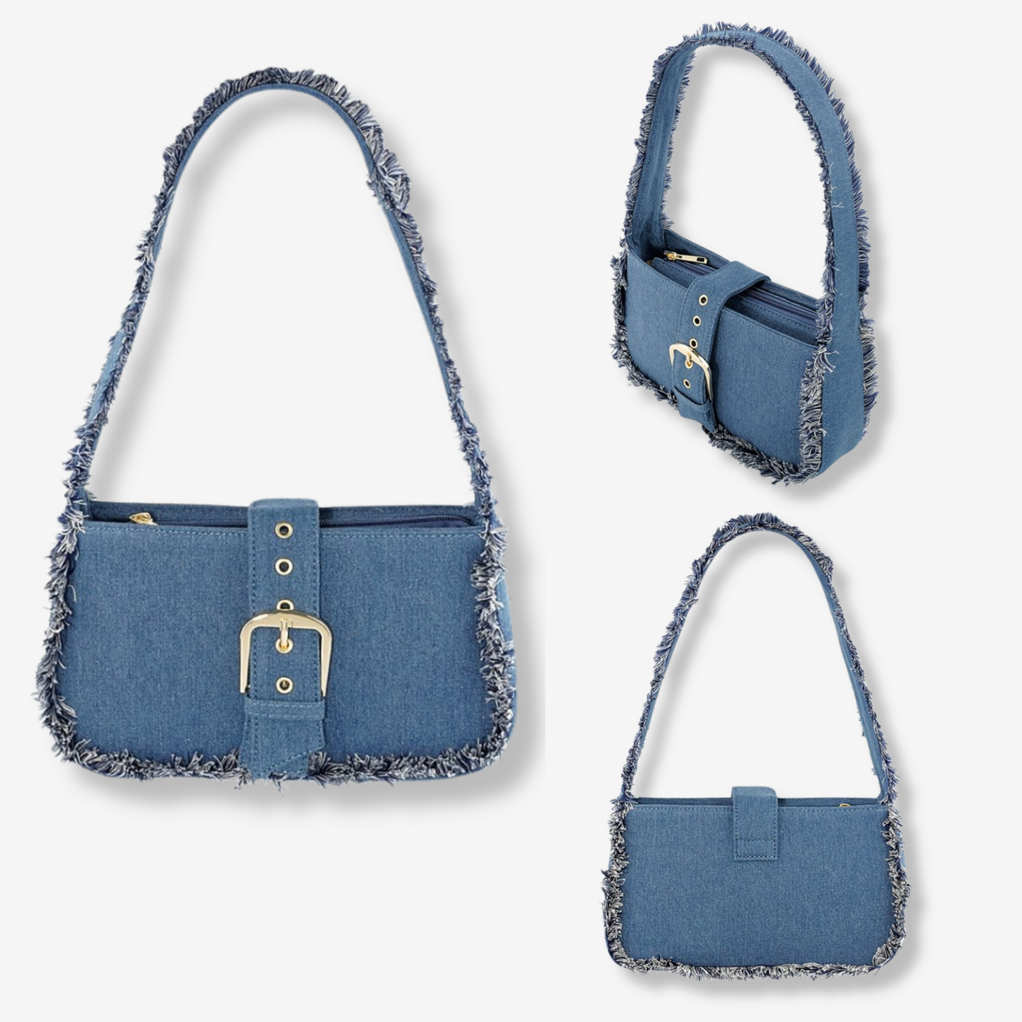Bella Blu – Borsa Y2K in Denim con Dettagli Frangiati e Fibbia Dorata