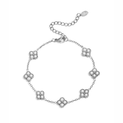 Bracciale Quadriluce in acciaio inox argentato con zirconi e motivo quadrifoglio luminoso
