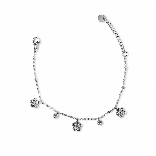 Bracciale Dalia in acciaio inox argentato con charm a forma di fiore e piccoli punti luce