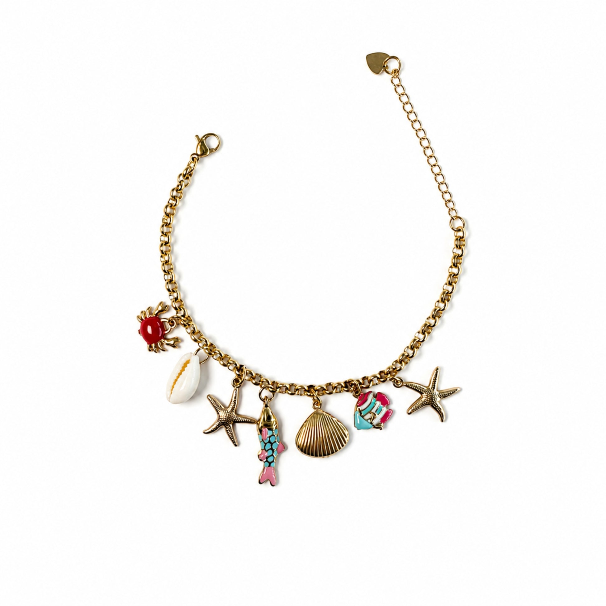 Bracciale Cala Pop in acciaio inox dorato con charm mare colorati, conchiglia, pesce, granchio e stelle marine