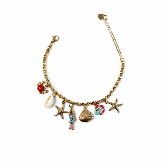 Bracciale Cala Pop in acciaio inox dorato con charm mare colorati, conchiglia, pesce, granchio e stelle marine