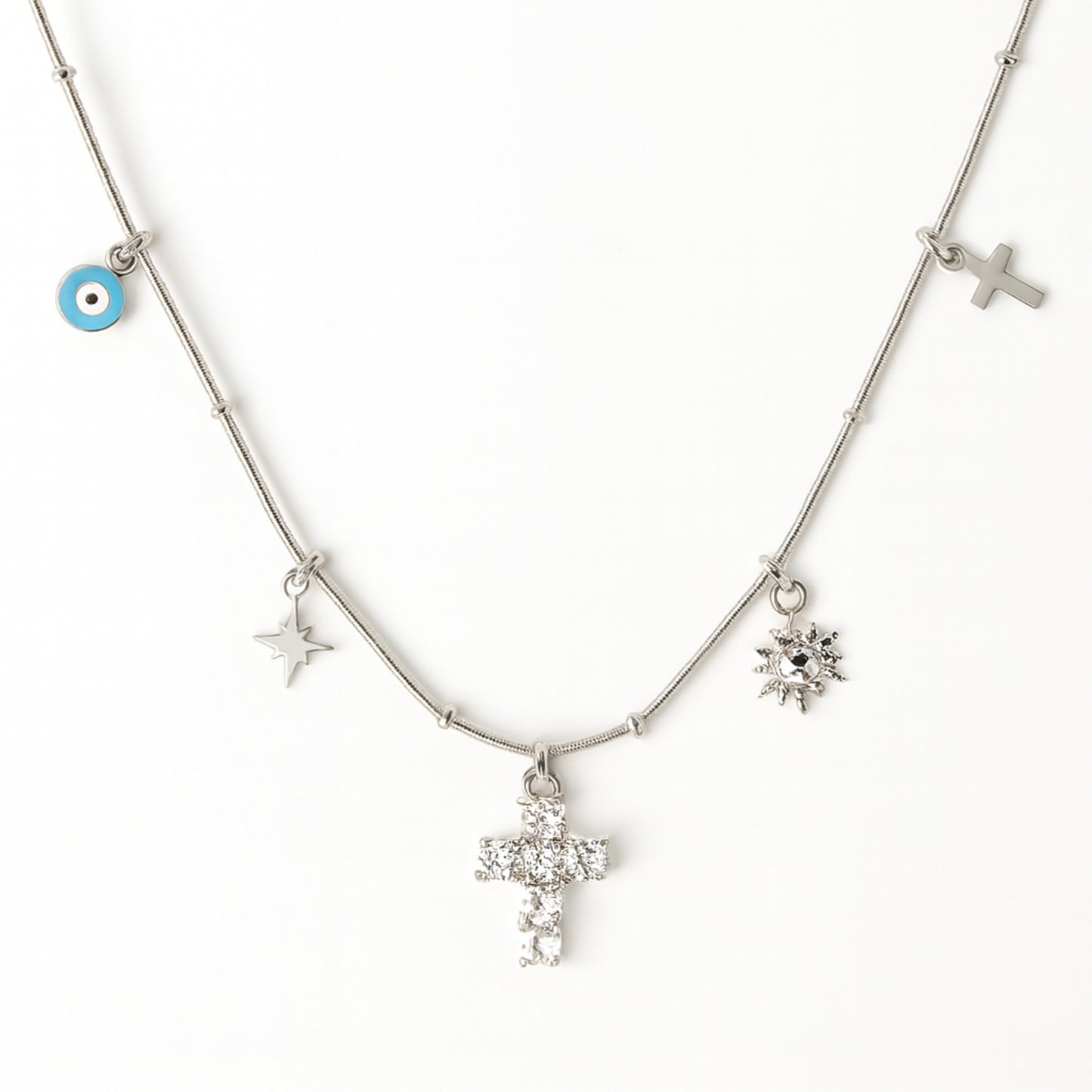 Collana Protezione Divina in Acciaio Inox – Croce, Sole e Simboli Spirituali