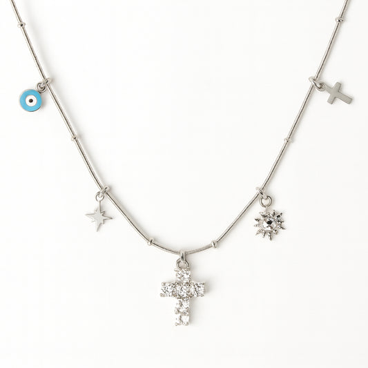 Collana Protezione Divina in Acciaio Inox – Croce, Sole e Simboli Spirituali