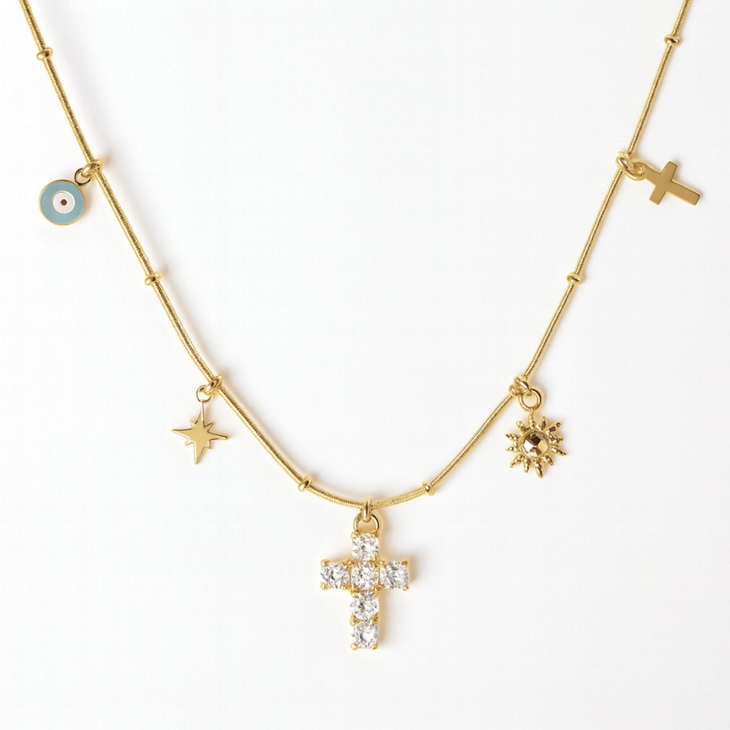 Collana Protezione Divina in Acciaio Inox – Croce, Sole e Simboli Spirituali