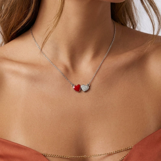 Collana Cuori Amore Duo in Acciaio Inox – Doppio Cuore Rosso & Pavé