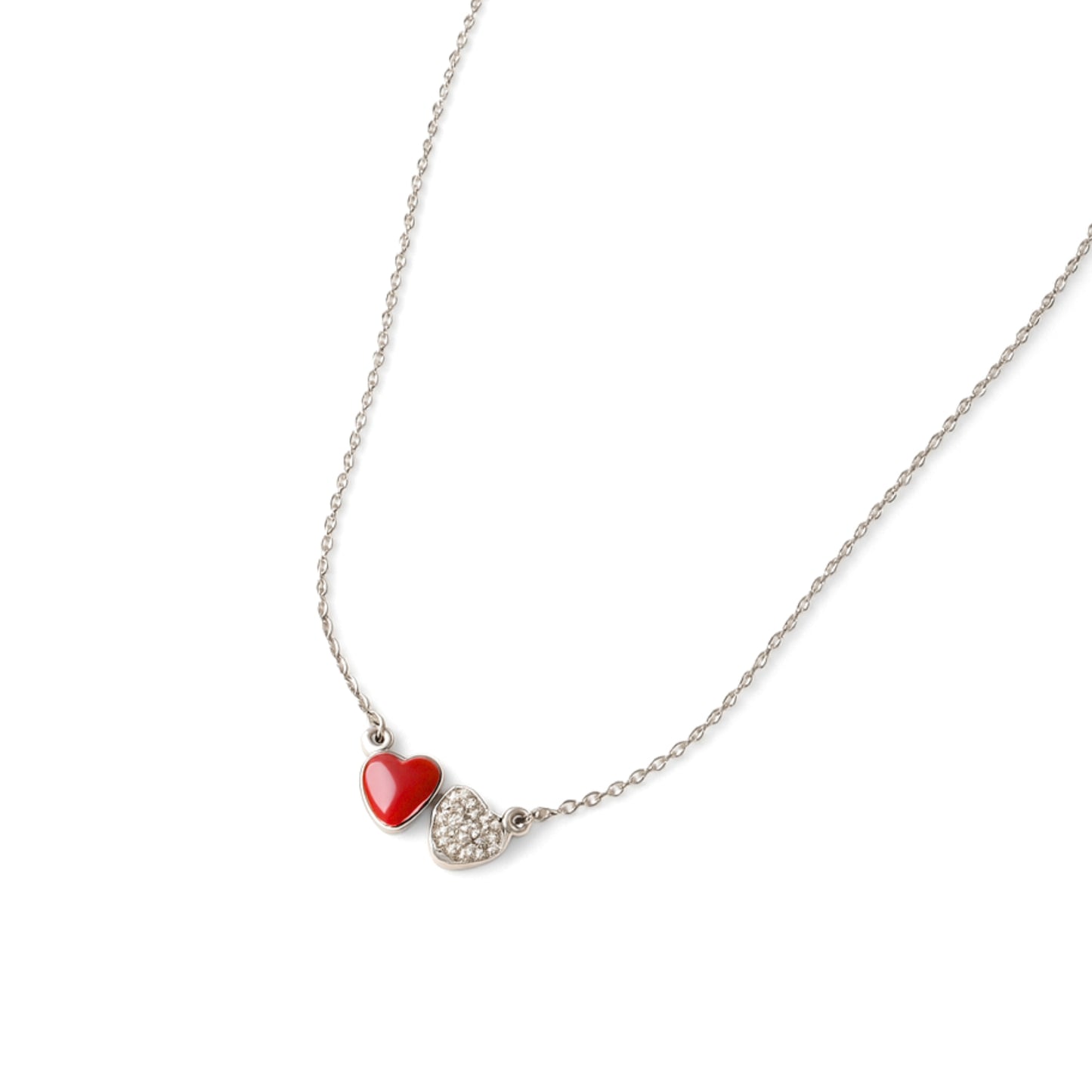 Collana Cuori Amore Duo in Acciaio Inox – Doppio Cuore Rosso & Pavé