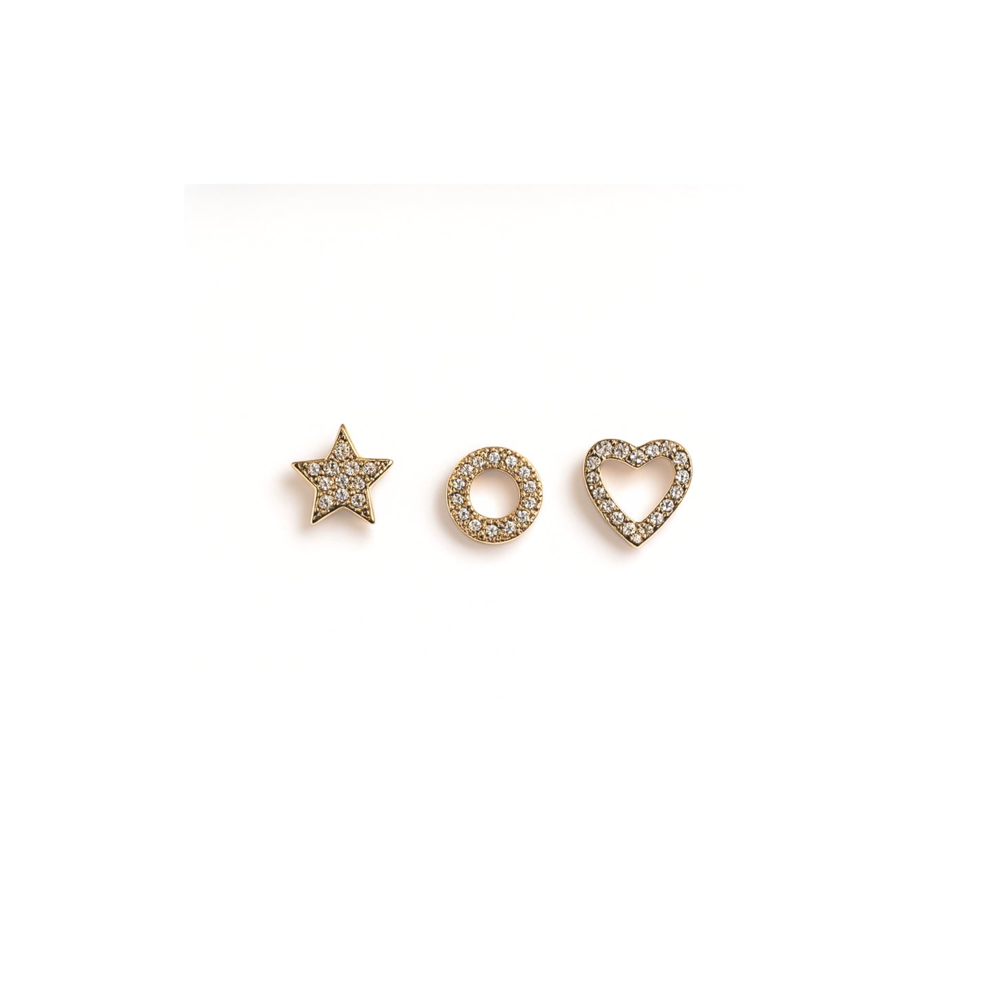 Dolce Trio – 3 Paia di Orecchini Cuore, Stella e Cerchio in Acciaio Inox Dorato