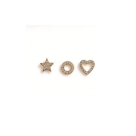 Dolce Trio – 3 Paia di Orecchini Cuore, Stella e Cerchio in Acciaio Inox Dorato