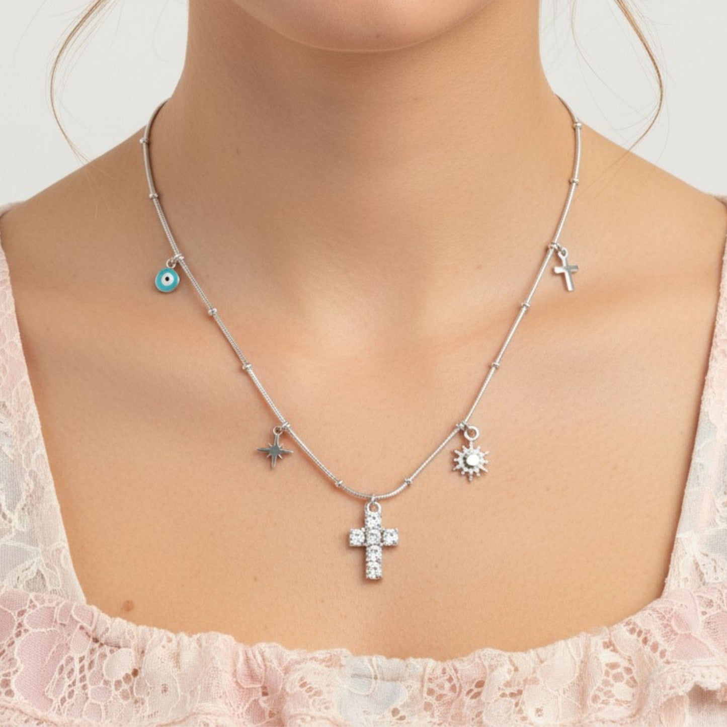 Collana Protezione Divina in Acciaio Inox – Croce, Sole e Simboli Spirituali