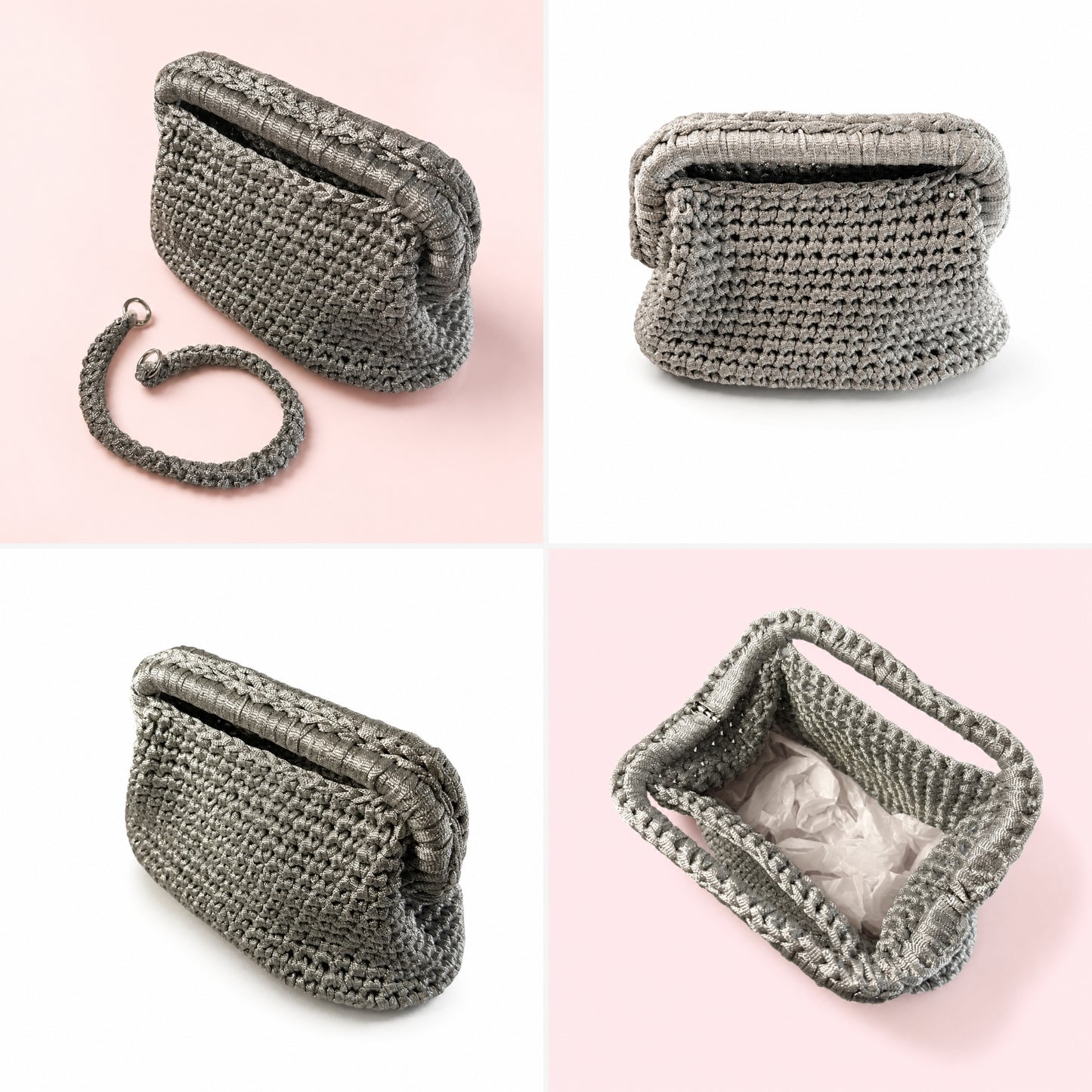 Clutch argento da sera con texture intrecciata e forma morbida