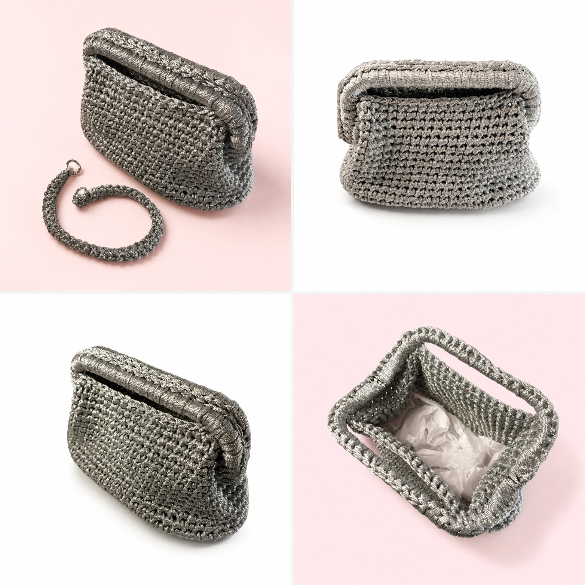 Clutch argento da sera con texture intrecciata e forma morbida
