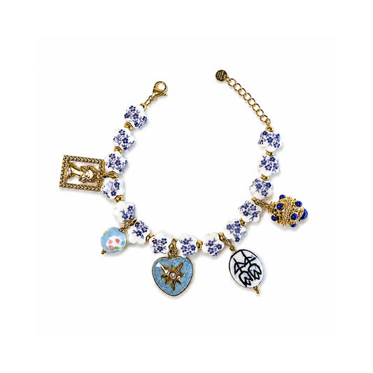 Bracciale Maiolica Blu con Charm in Acciaio Inox Dorato