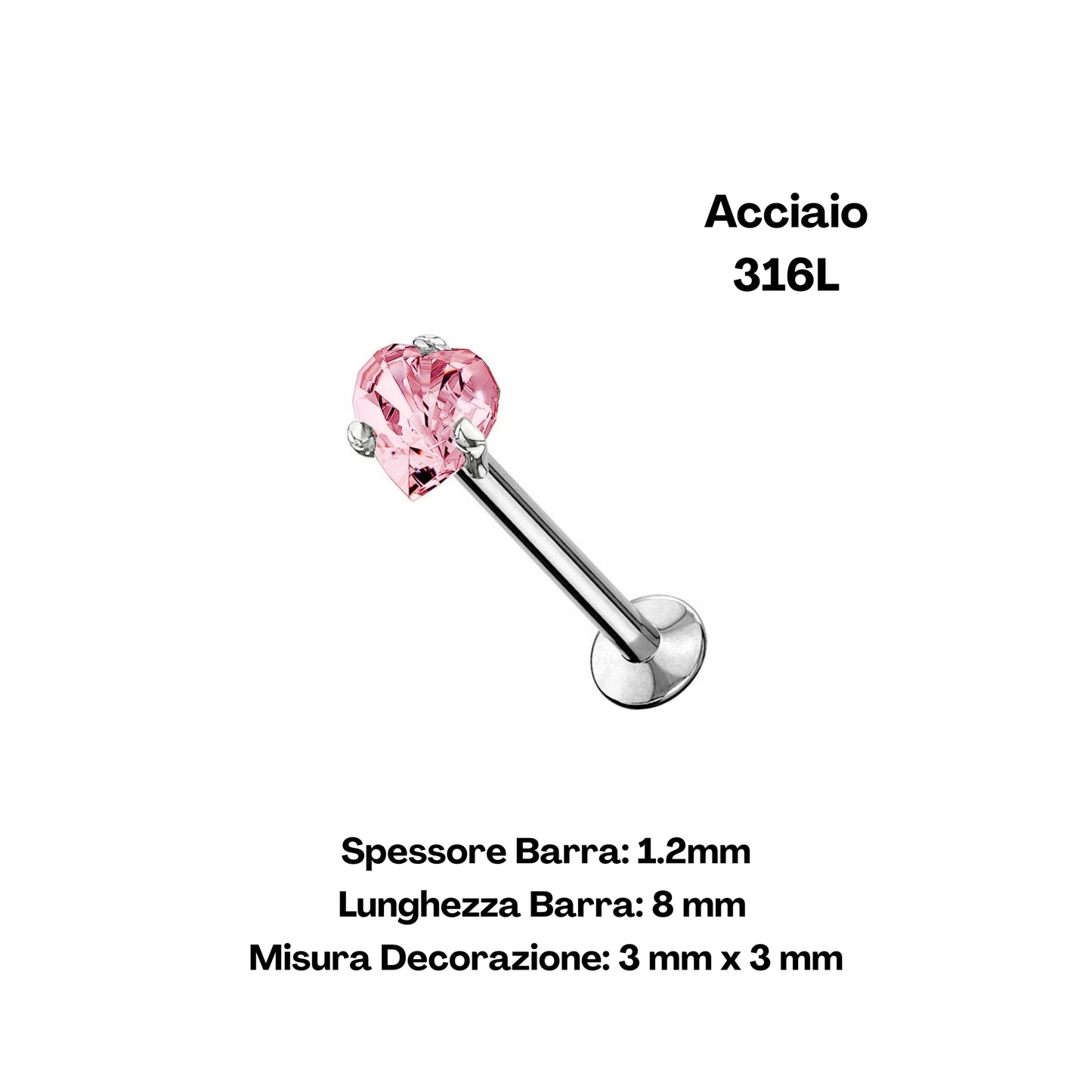 Cuore Rosa Soft – Labret in acciaio 316L con cristallo a cuore rosa