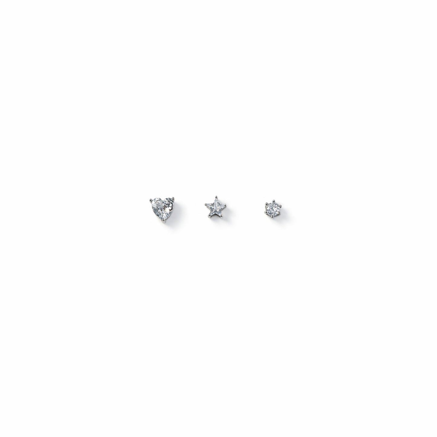 Tiny Icons – Set Orecchini Mini Cuore, Stella e Punto Luce in Acciaio Inox